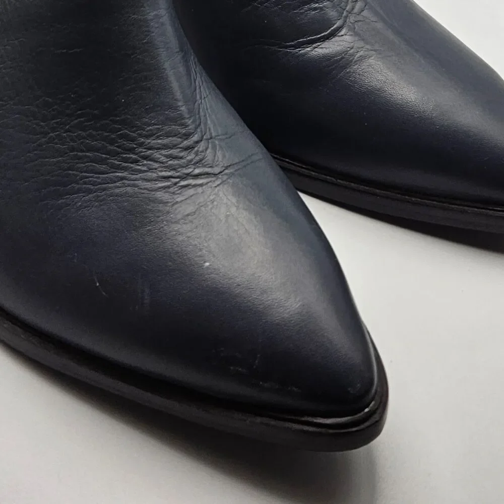 ALL SAINTS 9.5 Ivy Block Heel Bootie Shoes in Dusty navy Blue Leather Almond Toe